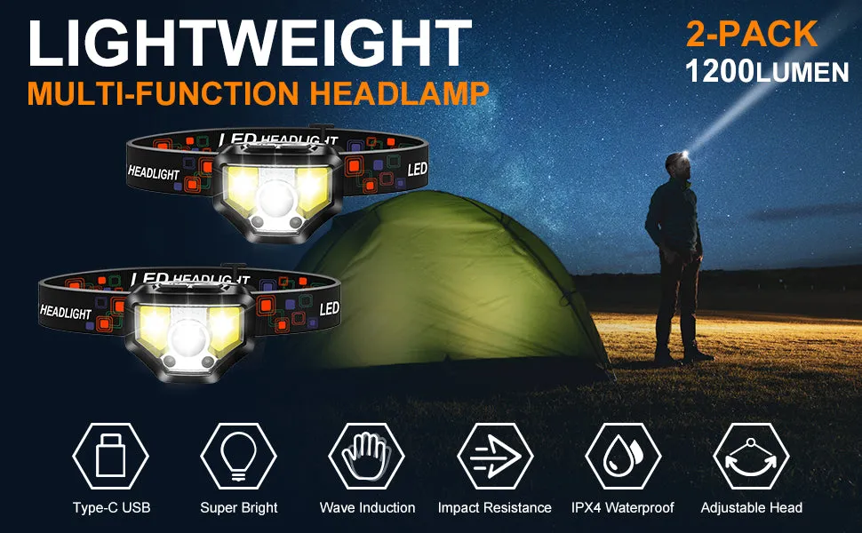 2pcs Headlamp Rechargeable,1200 Lumen Super Bright w/ White Red LED Head Lamp