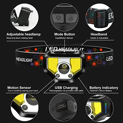 2pcs Headlamp Rechargeable,1200 Lumen Super Bright w/ White Red LED Head Lamp