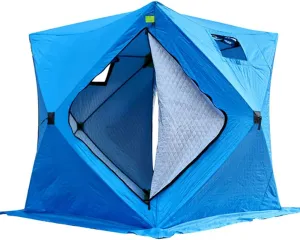 3-4 Person Ice Fishing Shelter Windproof Insulated Ice Fishing Tent Winter Fishing Tent with 2 Doors Perfect for Camping (Blue 180X180X200CM)