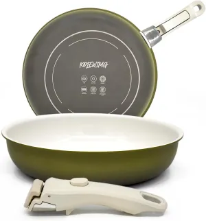 3-ply Stainless Steel Frying Pan With Titanium Ceramic Coating,Detachable Handle,Non Toxic,PFAS Free,Dishwasher and Induction&Oven Safe,Compatible All Cooktops,10 inch, Beige,Creamy,Green