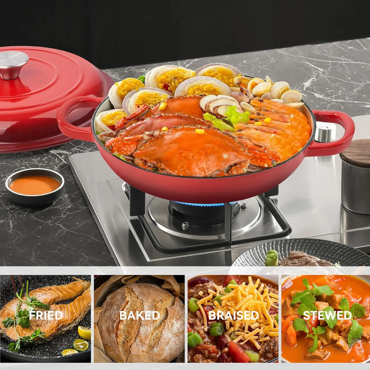 3 Quart Enameled Shallow Cast Iron Dutch Oven with Lid, Dual Handles Dutch Pots for Cooking, Stewing, Heavy-Duty & Nonstick, Oven Safe up to 500° F, Works on All Stovetops, Red