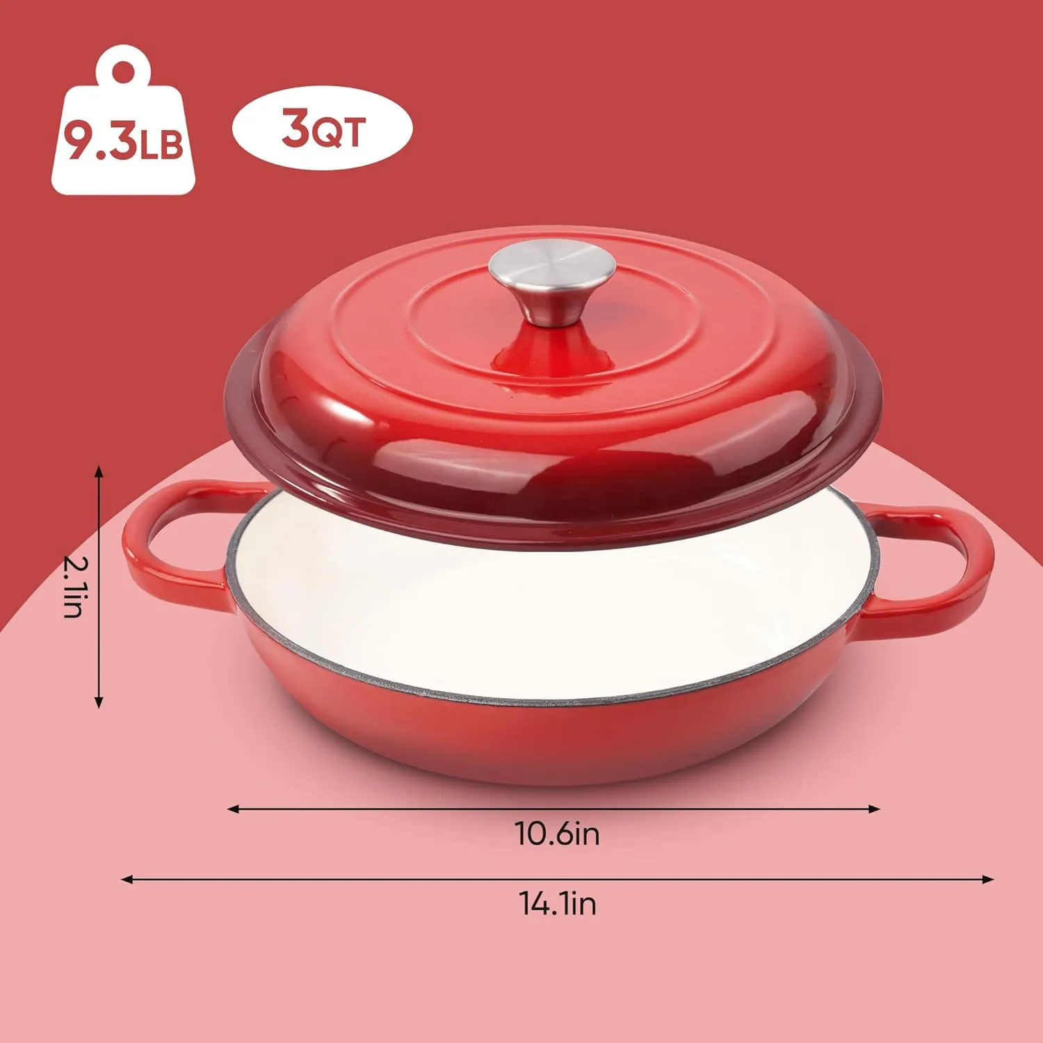3 Quart Enameled Shallow Cast Iron Dutch Oven with Lid, Dual Handles Dutch Pots for Cooking, Stewing, Heavy-Duty & Nonstick, Oven Safe up to 500° F, Works on All Stovetops, Red