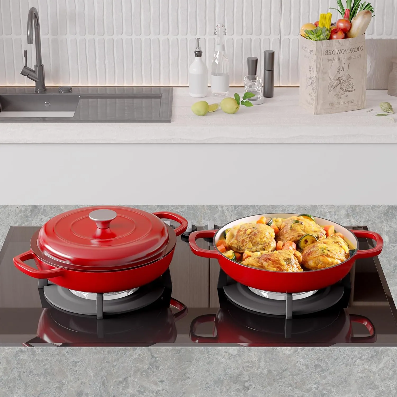 3 Quart Enameled Shallow Cast Iron Dutch Oven with Lid, Dual Handles Dutch Pots for Cooking, Stewing, Heavy-Duty & Nonstick, Oven Safe up to 500° F, Works on All Stovetops, Red