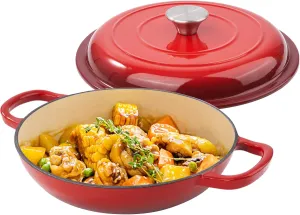 3 Quart Enameled Shallow Cast Iron Dutch Oven with Lid, Dual Handles Dutch Pots for Cooking, Stewing, Heavy-Duty & Nonstick, Oven Safe up to 500° F, Works on All Stovetops, Red