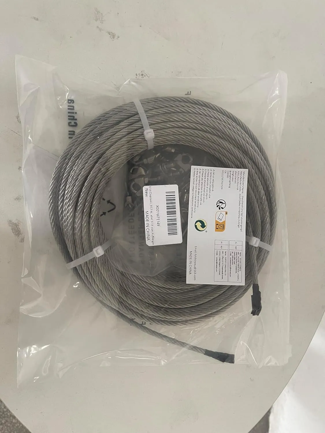 3/16 Wire Rope, 100ft Stainless Steel Cable with Wire Rope Clamps & Thimble, 3700lbs Breaking Strength, 7X19 Strands Aircraft Cable for Zipline, Deck Railing, Clothesline