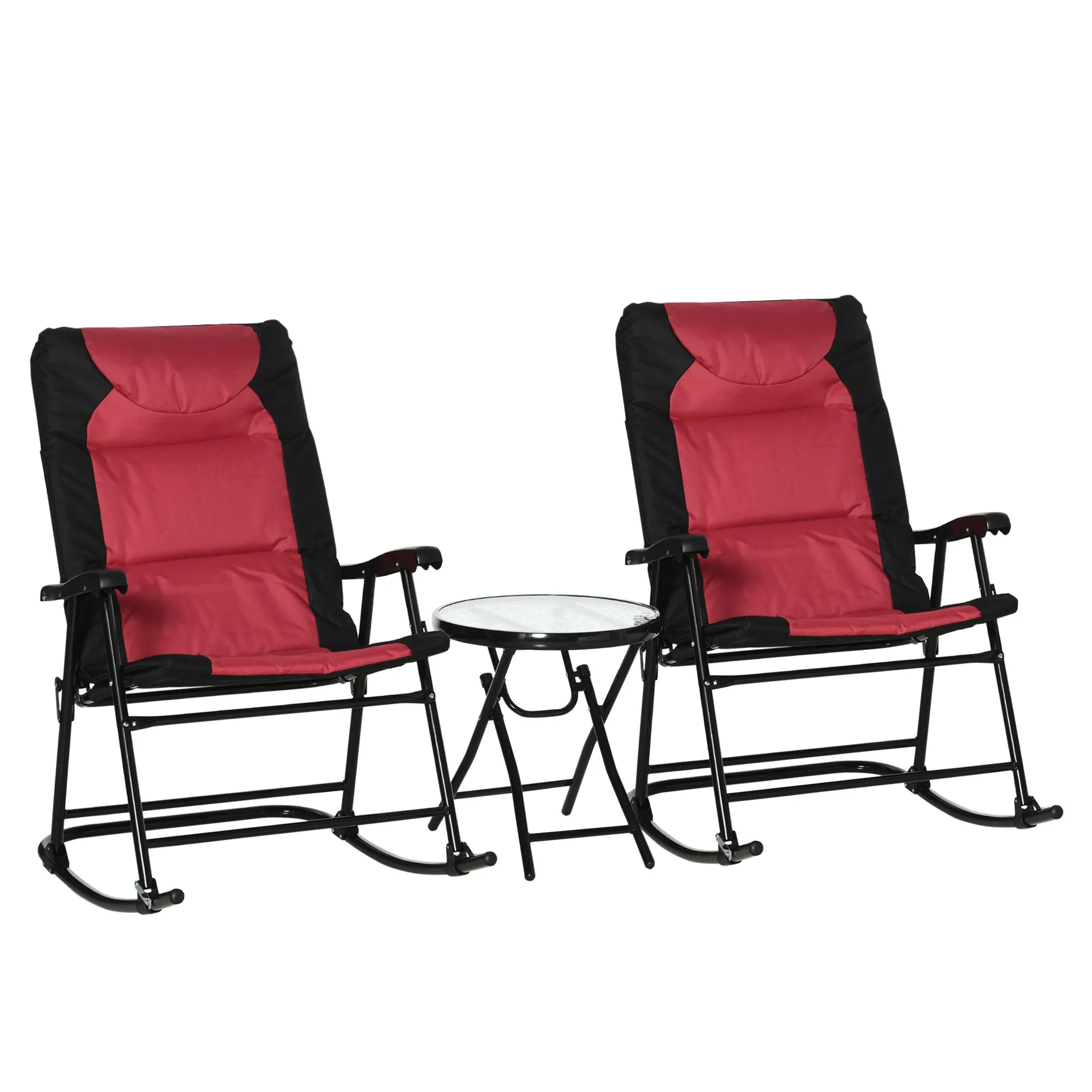 3pc Patio Foldable Rocking Chair Set, Outdoor Rocking Chairs and Table Bistro Set w/ Padded Seat, Headrest, Backrest for park, backyard, garden, Red