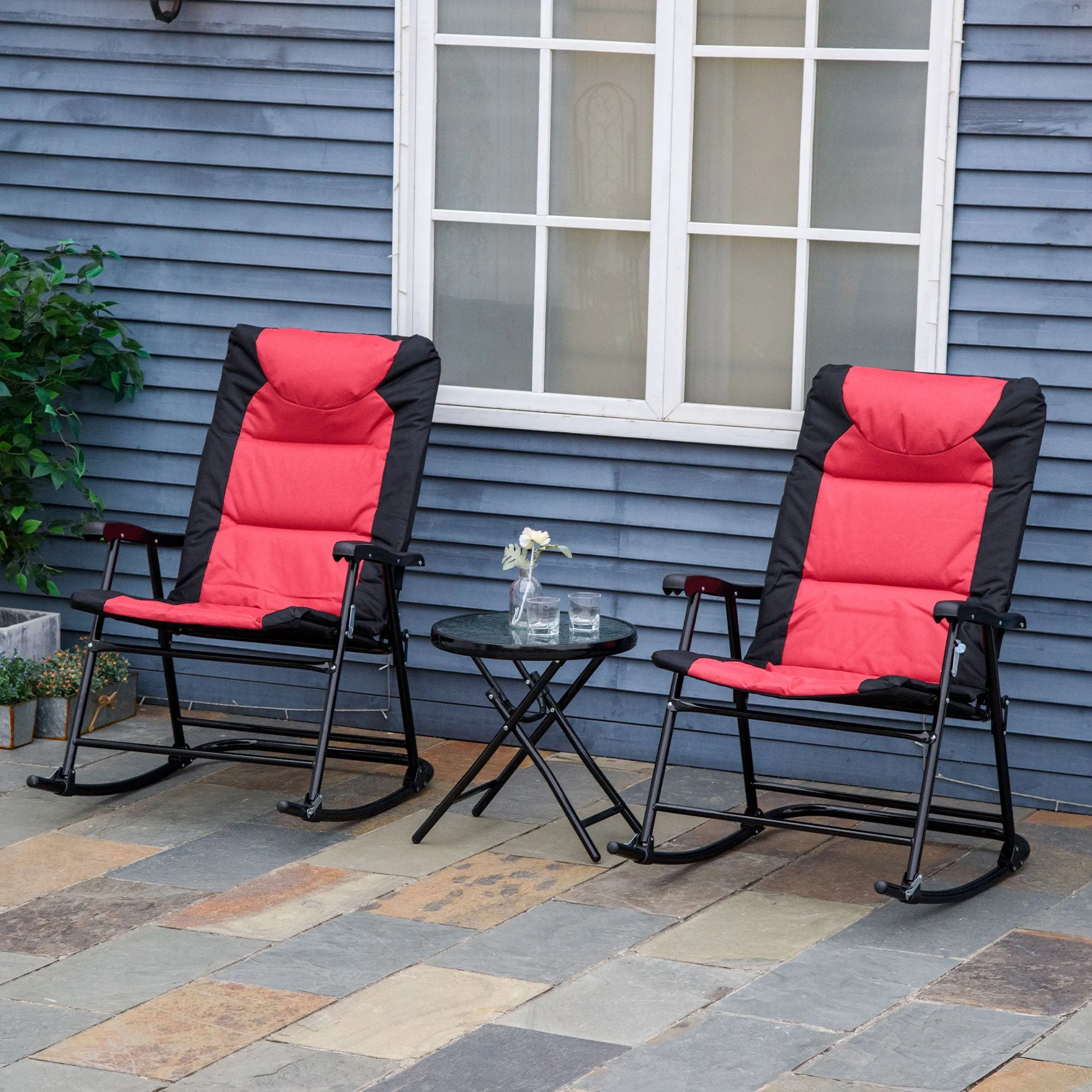3pc Patio Foldable Rocking Chair Set, Outdoor Rocking Chairs and Table Bistro Set w/ Padded Seat, Headrest, Backrest for park, backyard, garden, Red
