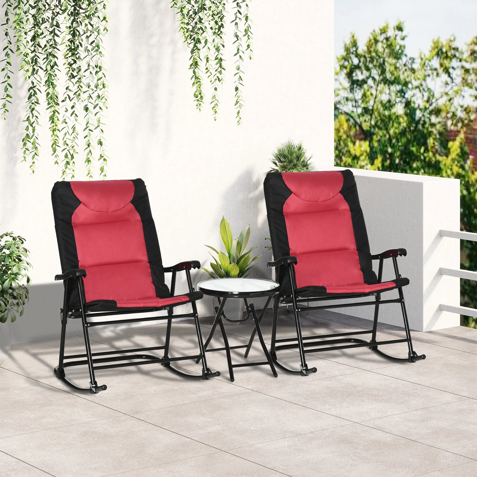 3pc Patio Foldable Rocking Chair Set, Outdoor Rocking Chairs and Table Bistro Set w/ Padded Seat, Headrest, Backrest for park, backyard, garden, Red