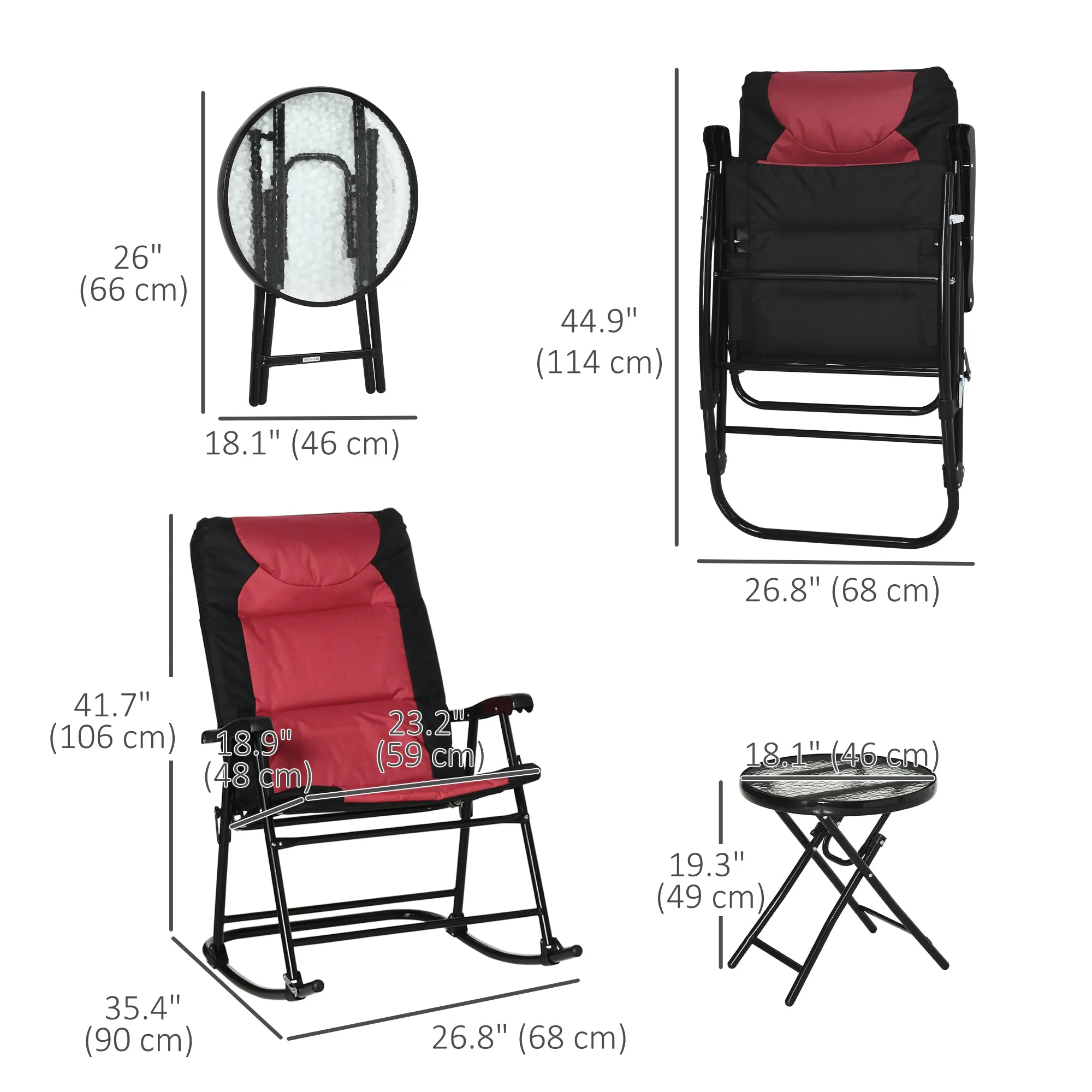 3pc Patio Foldable Rocking Chair Set, Outdoor Rocking Chairs and Table Bistro Set w/ Padded Seat, Headrest, Backrest for park, backyard, garden, Red