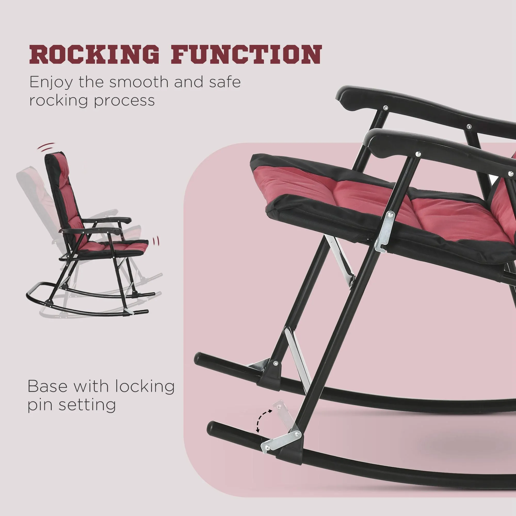 3pc Patio Foldable Rocking Chair Set, Outdoor Rocking Chairs and Table Bistro Set w/ Padded Seat, Headrest, Backrest for park, backyard, garden, Red