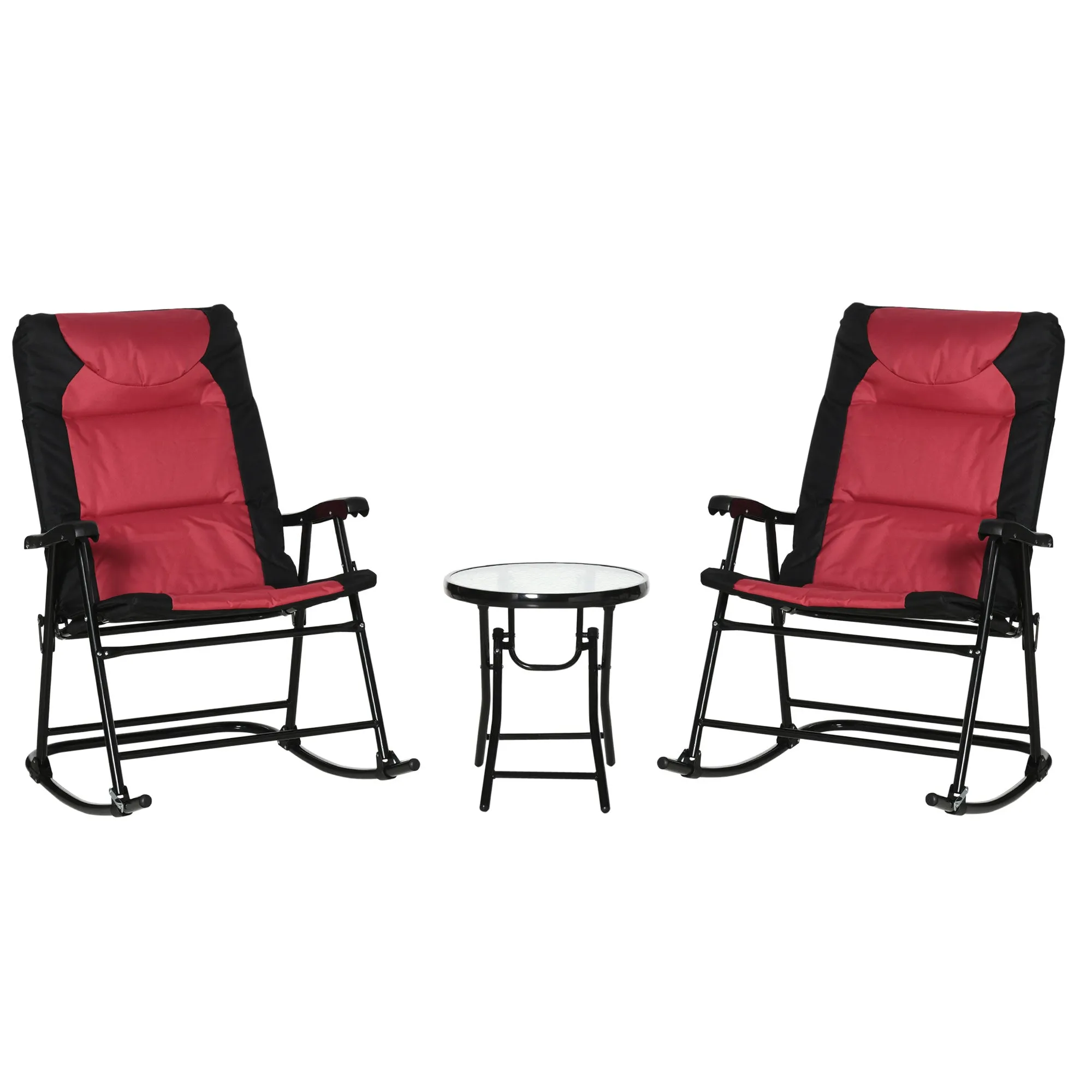 3pc Patio Foldable Rocking Chair Set, Outdoor Rocking Chairs and Table Bistro Set w/ Padded Seat, Headrest, Backrest for park, backyard, garden, Red
