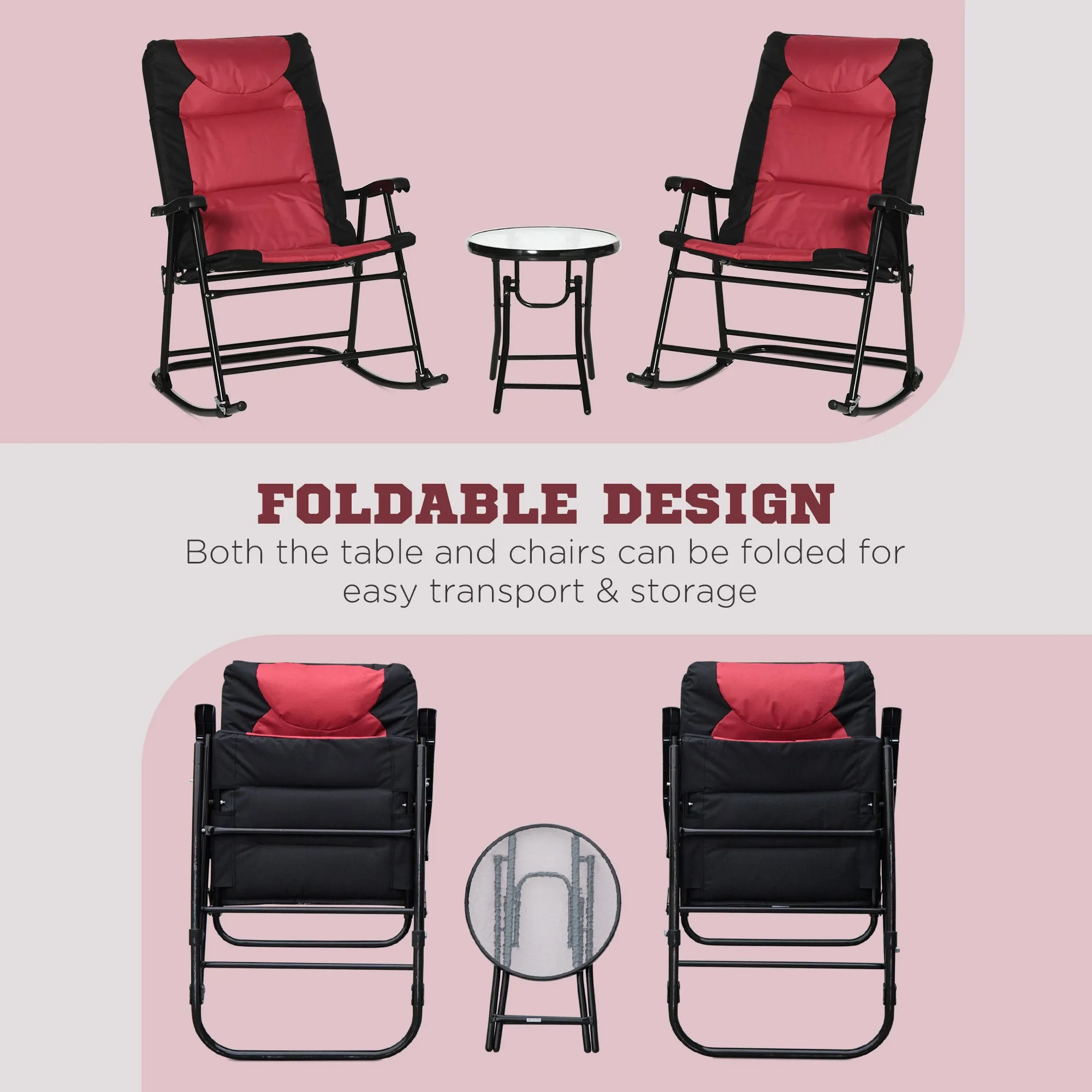 3pc Patio Foldable Rocking Chair Set, Outdoor Rocking Chairs and Table Bistro Set w/ Padded Seat, Headrest, Backrest for park, backyard, garden, Red