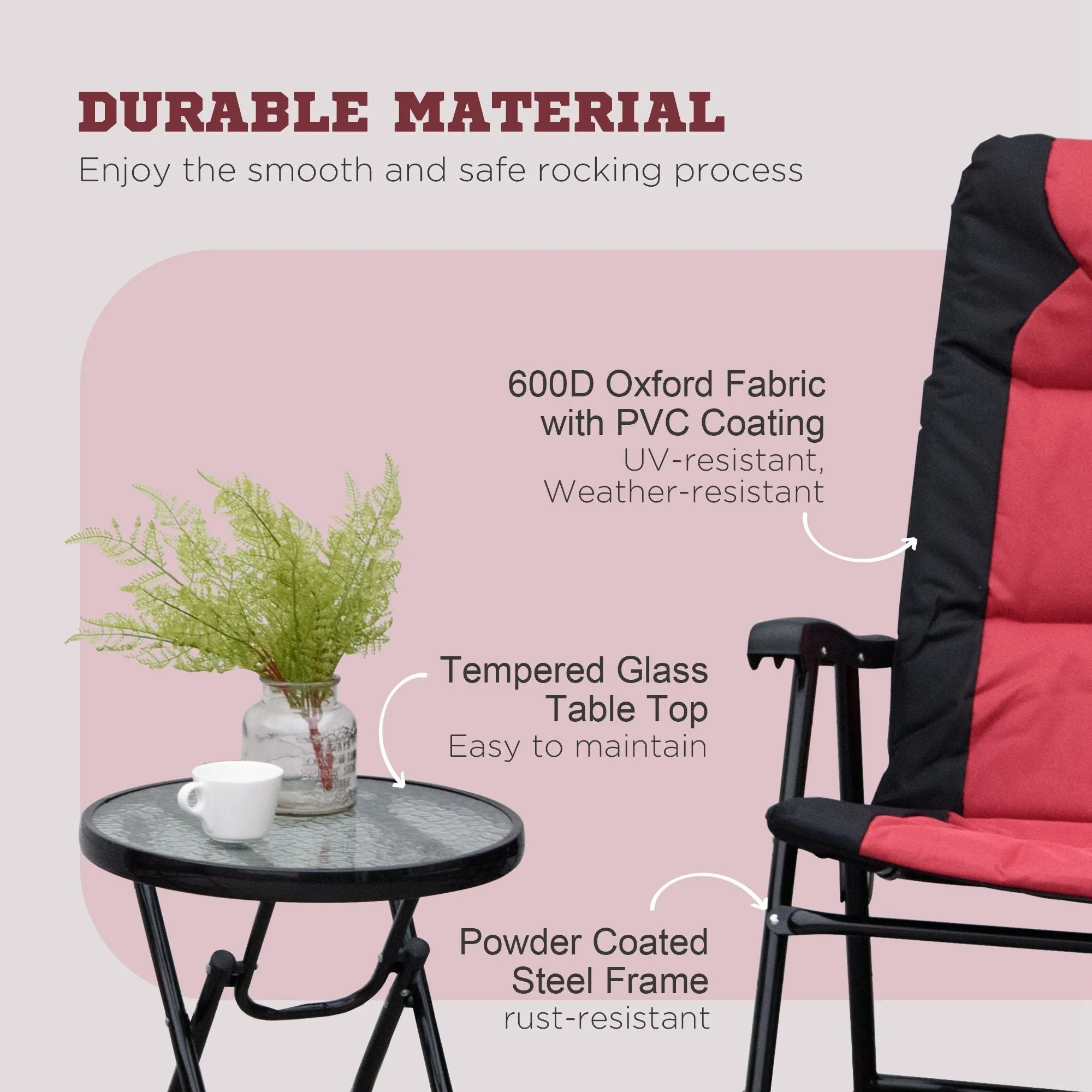 3pc Patio Foldable Rocking Chair Set, Outdoor Rocking Chairs and Table Bistro Set w/ Padded Seat, Headrest, Backrest for park, backyard, garden, Red