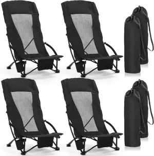 4 Pack Beach Chair for Adult High Back Low Beach Chair Bulk Portable Folding Camping Chairs Lightweight Sand Chairs with Cup Holder Carry Bag for Outdoor Camping Sand Concert