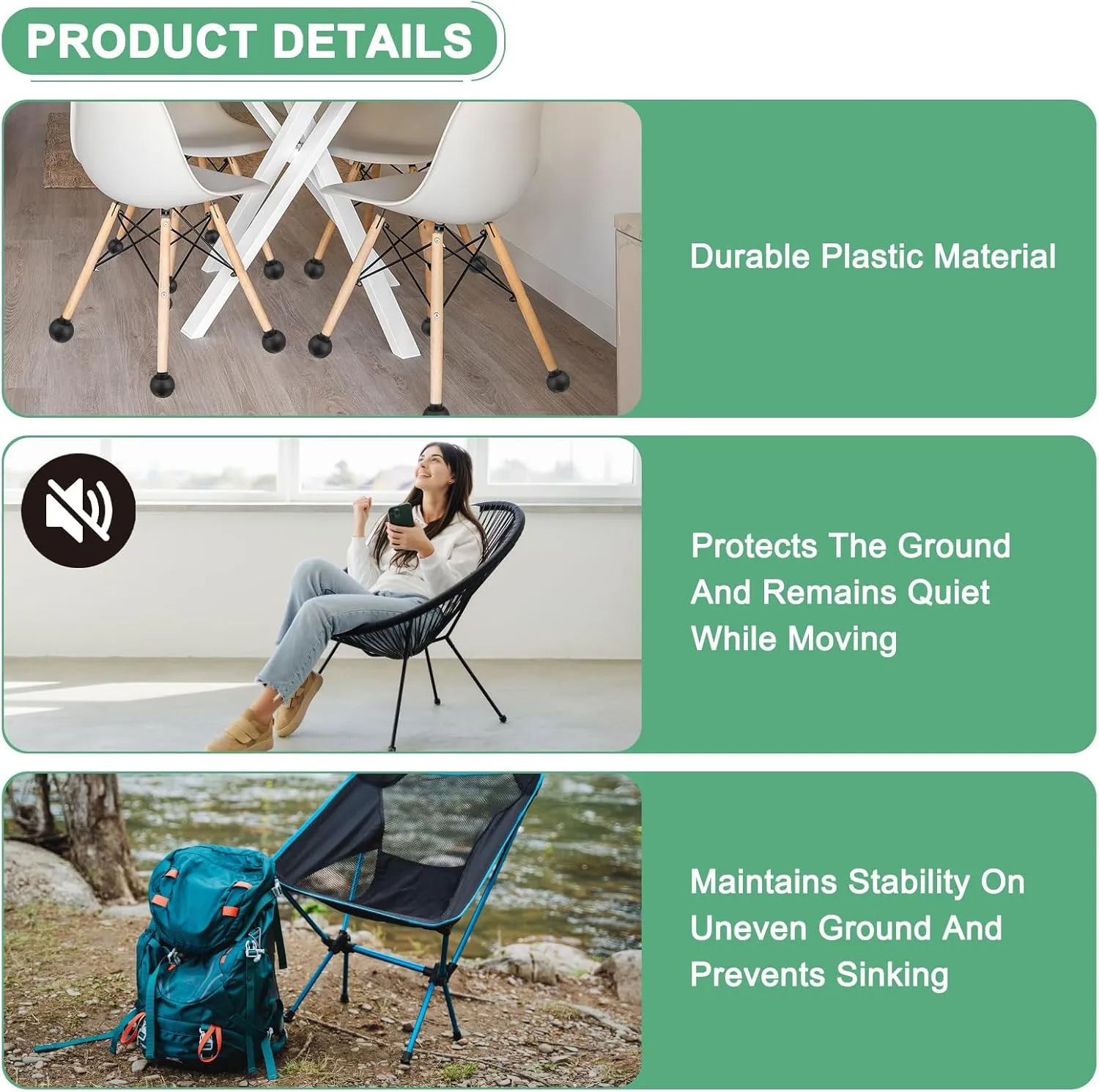 4-Pack Camping Chair Foot Pads, 14mm Rubber Anti-Sinking Folding Camp Chair Replacement Feet for Fishing/Hiking/Picnic/Hardwood Floors/Tile/Outdoor Chair Leg Caps [Black]