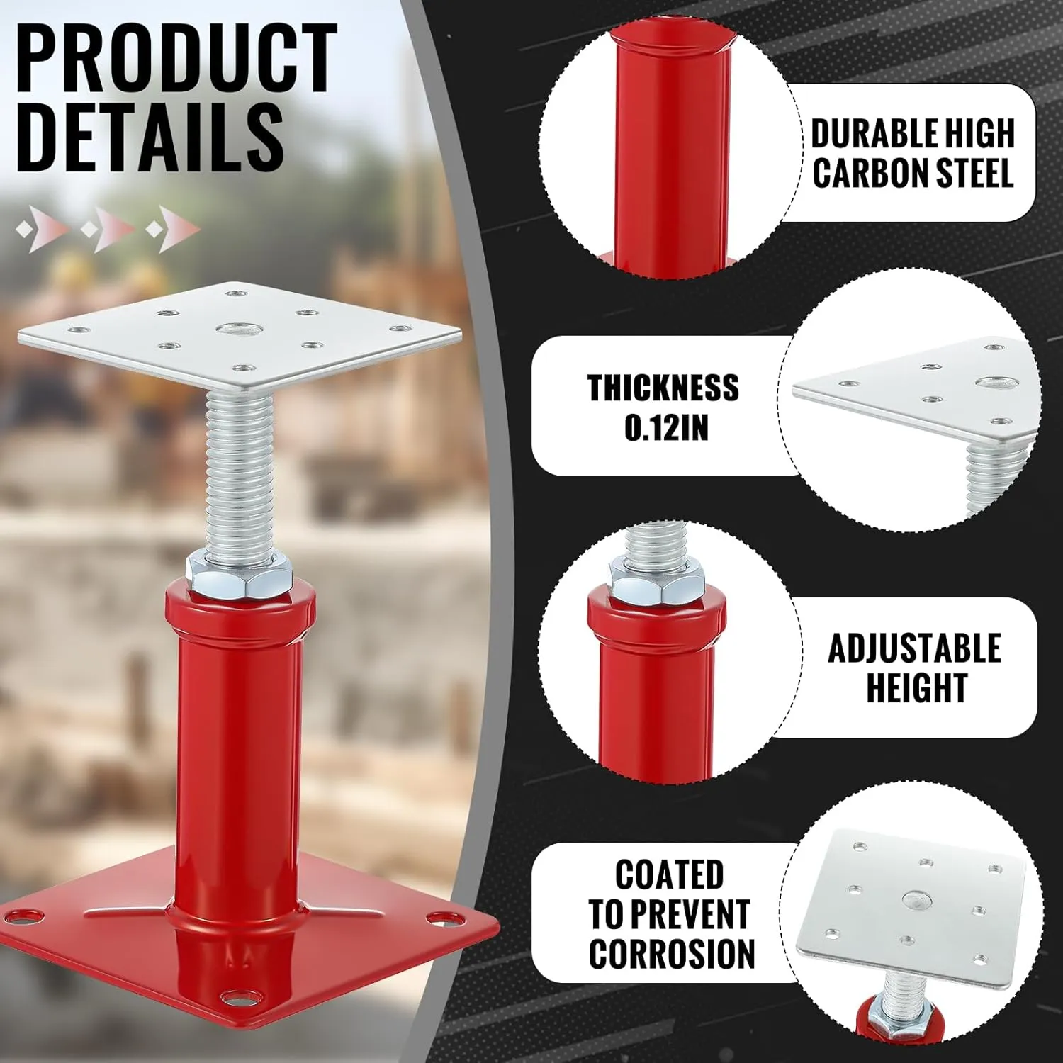 4 Pcs Adjustable Jack Post, 4.3"-7" Height Range, Basement Floor House Screw Jacks for Lifting Joist Beam Brace for Cellar Ceiling, Center Point Load Capacity 11023 Lbs, Red