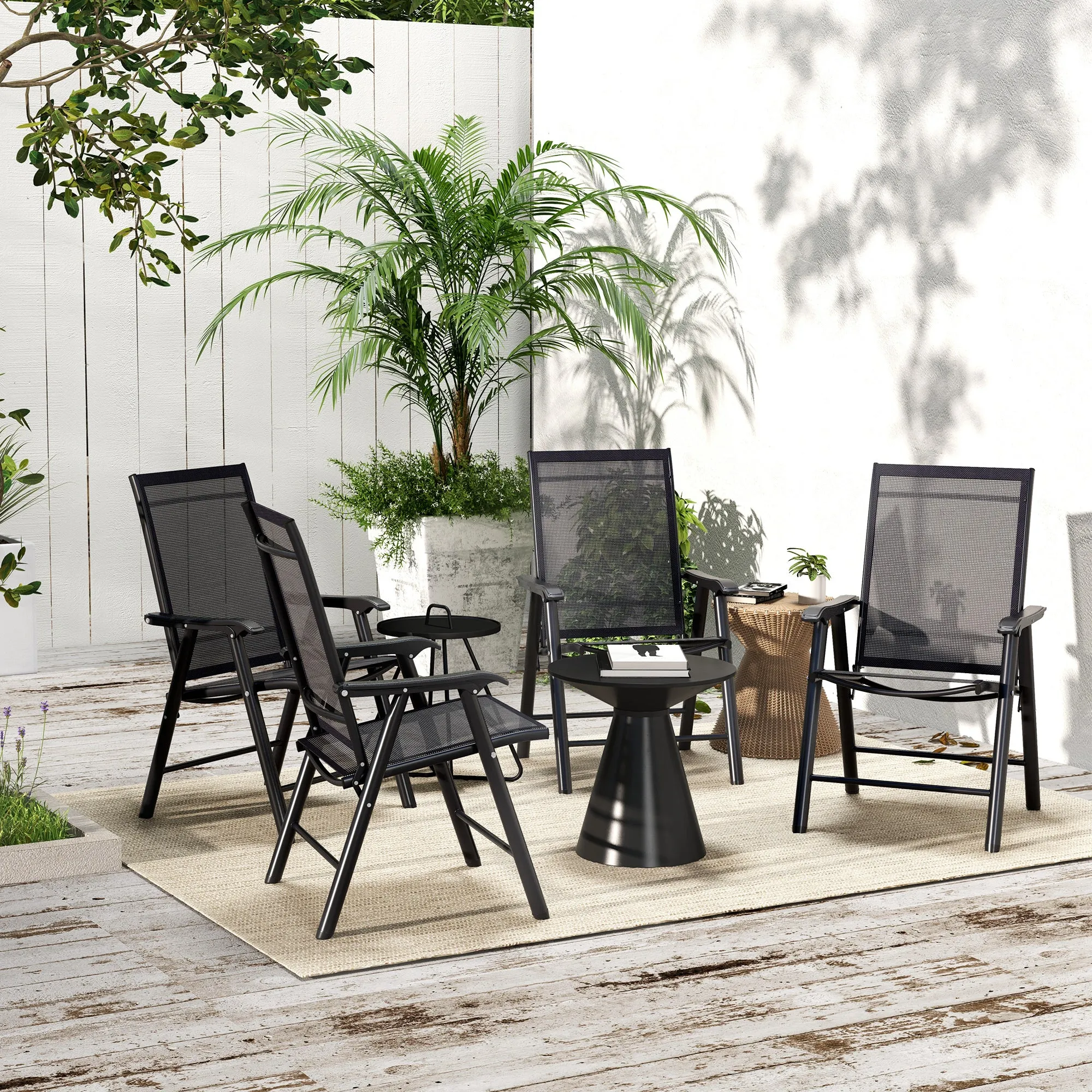 4-Piece Folding Dining Chair Set for Relaxing on Patio, Balcony, or Garden, Comfortable Outdoor Furniture with Armrests, Black