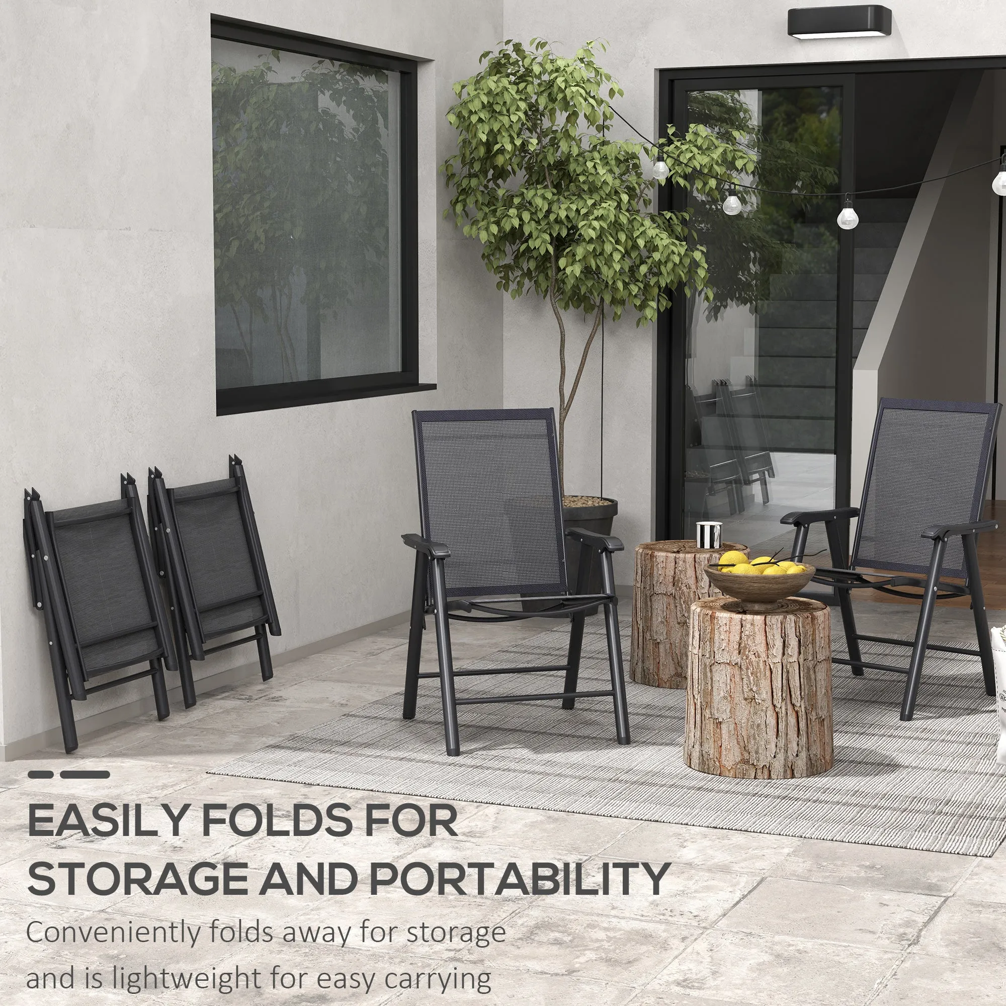 4-Piece Folding Dining Chair Set for Relaxing on Patio, Balcony, or Garden, Comfortable Outdoor Furniture with Armrests, Black