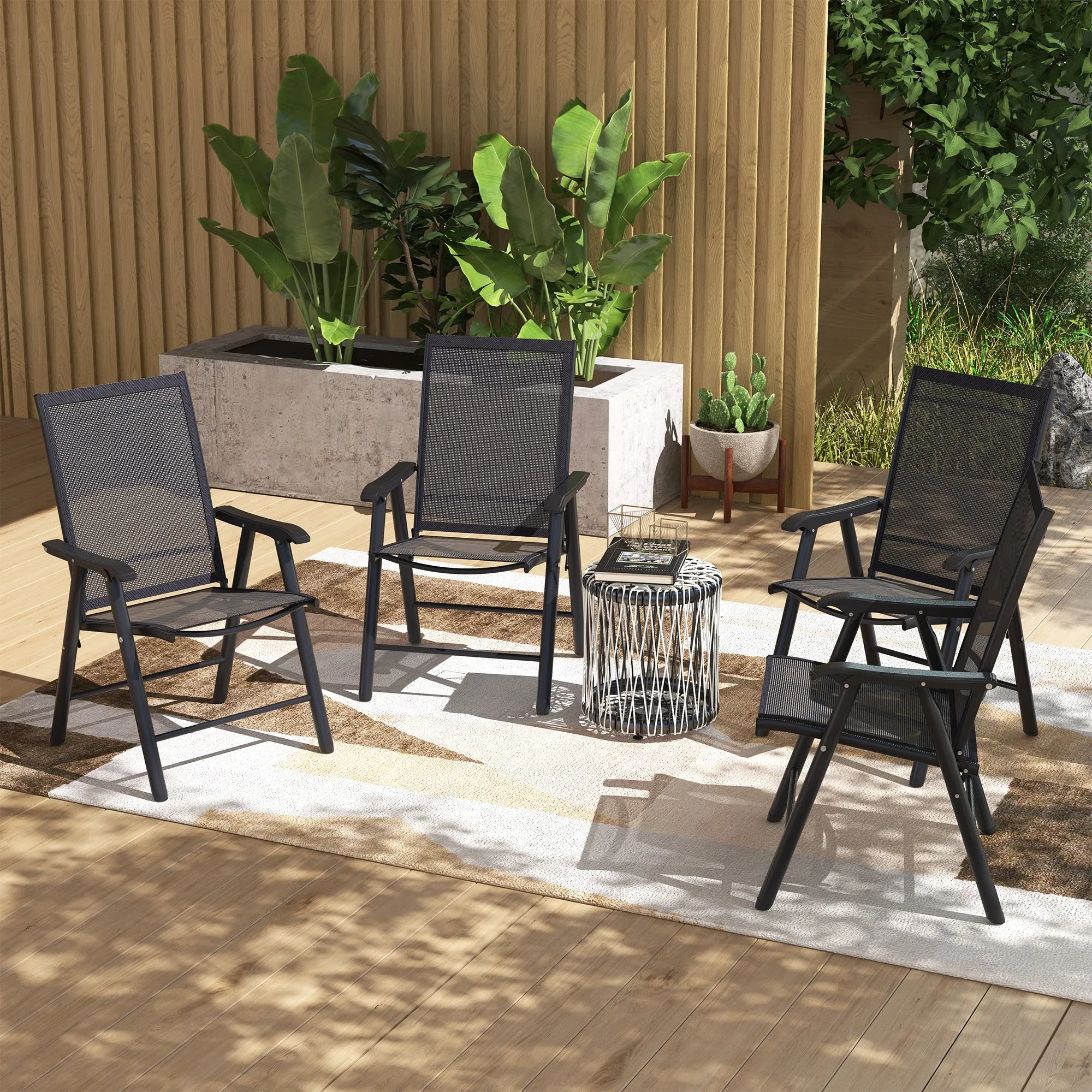 4-Piece Folding Dining Chair Set for Relaxing on Patio, Balcony, or Garden, Comfortable Outdoor Furniture with Armrests, Black