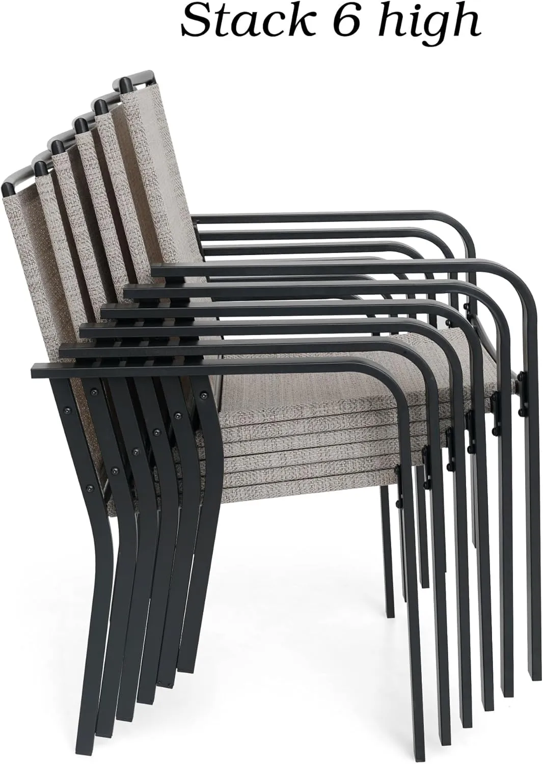 6 Piece Patio Stackable Chairs with Armrest, Textilene Support and Metal Frame for Outddor Dining Bistro Chair - Black