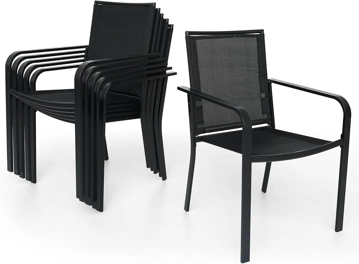 6 Piece Patio Stackable Chairs with Armrest, Textilene Support and Metal Frame for Outddor Dining Bistro Chair - Black