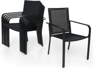 6 Piece Patio Stackable Chairs with Armrest, Textilene Support and Metal Frame for Outddor Dining Bistro Chair - Black
