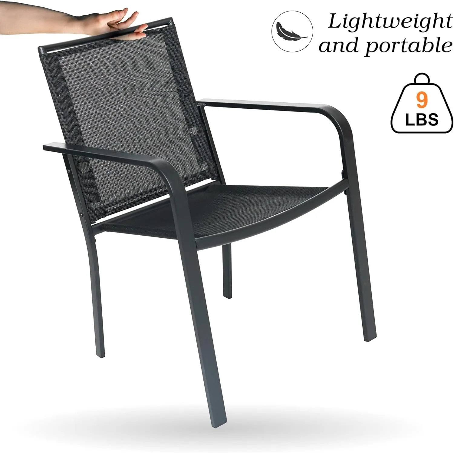 6 Piece Patio Stackable Chairs with Armrest, Textilene Support and Metal Frame for Outddor Dining Bistro Chair - Black