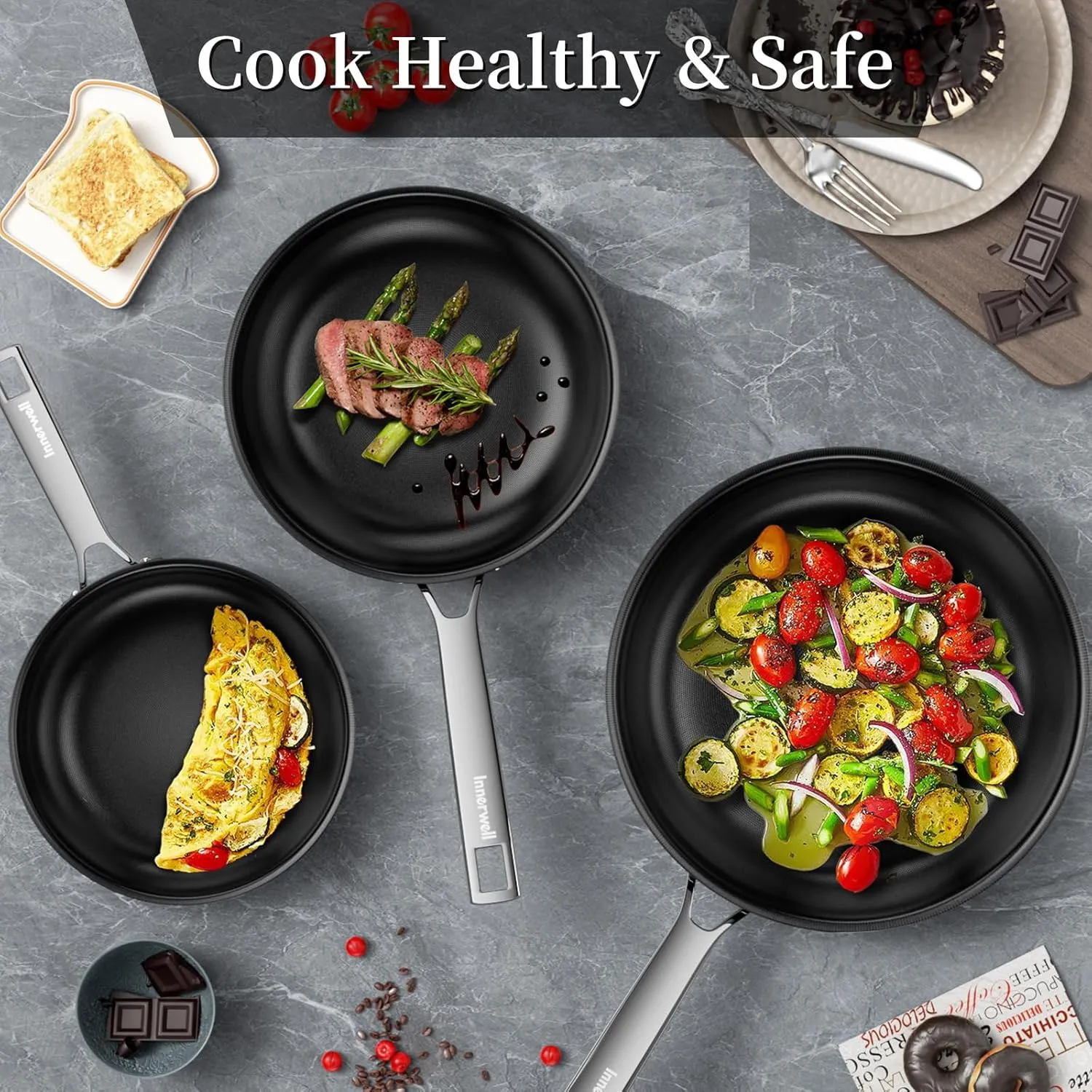 8 Inch Nonstick Titanium Ceramic Frying Pan Tri-Ply Stainless Steel Frying Pan Skillet Kitchen Cooking Pan Compatible with All Cooktops Dishwasher and Oven Safe PFOA Free