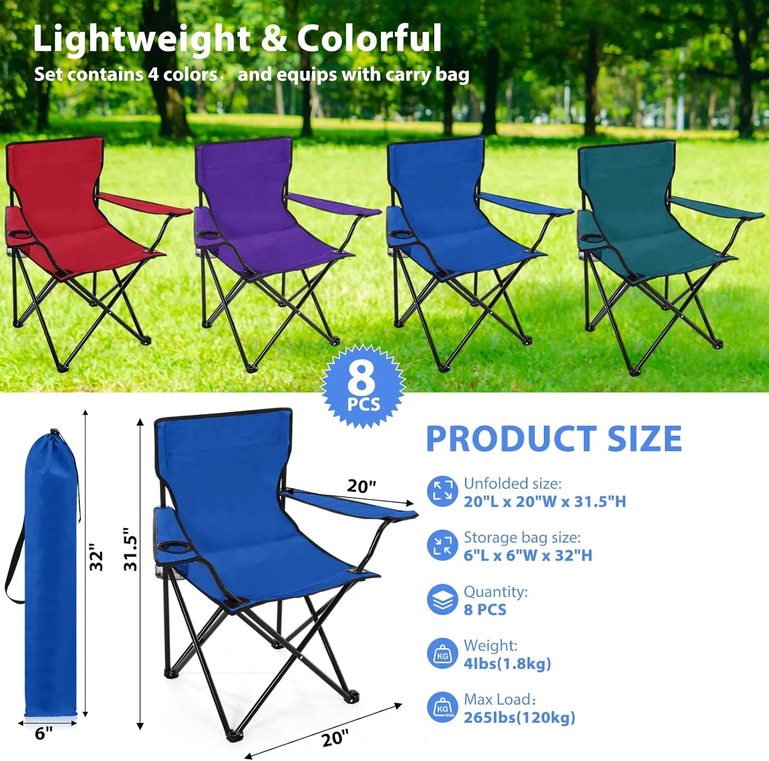 8 Pcs Folding Camping Chairs with Cupholder and Carry Bag Regular Size Portable Lightweight Lawn Chair with Mesh Side Pocket for Fishing Hiking Picnic Party Beach Outdoor Activity (Chic)