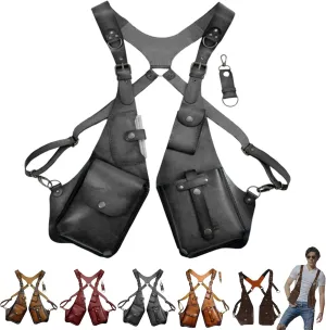 Alkyne 2024 New Anti-Theft Leather Harness, Brown Leather Double Shoulder Bag With Pocket, Retro Underarm Shoulder Holster Bag