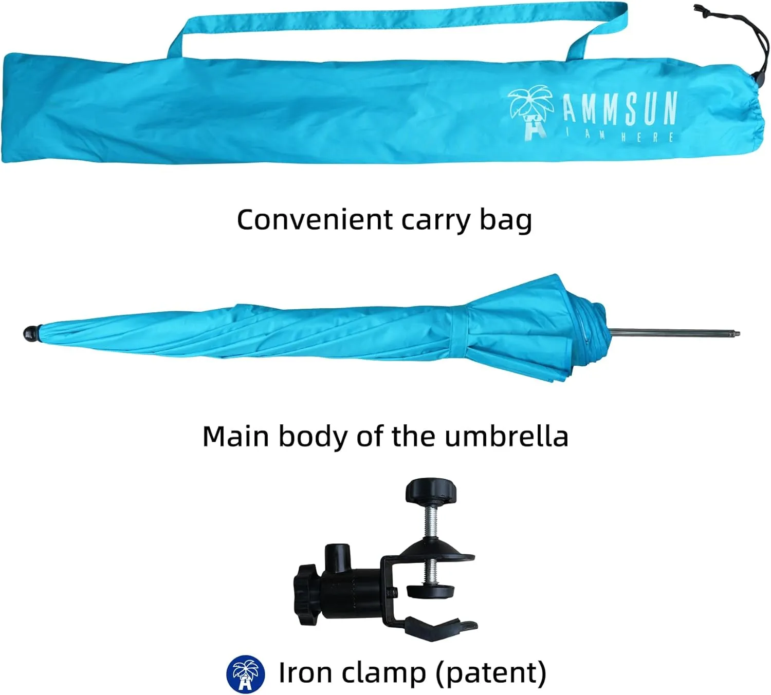 AMMSUN XL Chair Umbrella with Universal Clamp Adjustable 52 inches and 360-degree Swivel UPF 50 , Portable Clamp on Camping or Beach Chair, Stroller, Wheelchair, Golf cart, Bright Blue, Large-sized