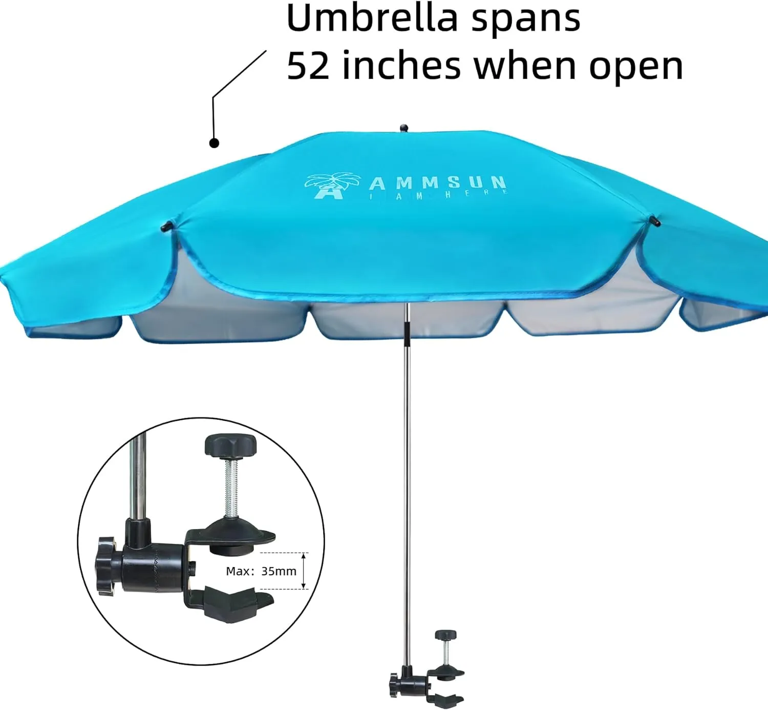 AMMSUN XL Chair Umbrella with Universal Clamp Adjustable 52 inches and 360-degree Swivel UPF 50 , Portable Clamp on Camping or Beach Chair, Stroller, Wheelchair, Golf cart, Bright Blue, Large-sized