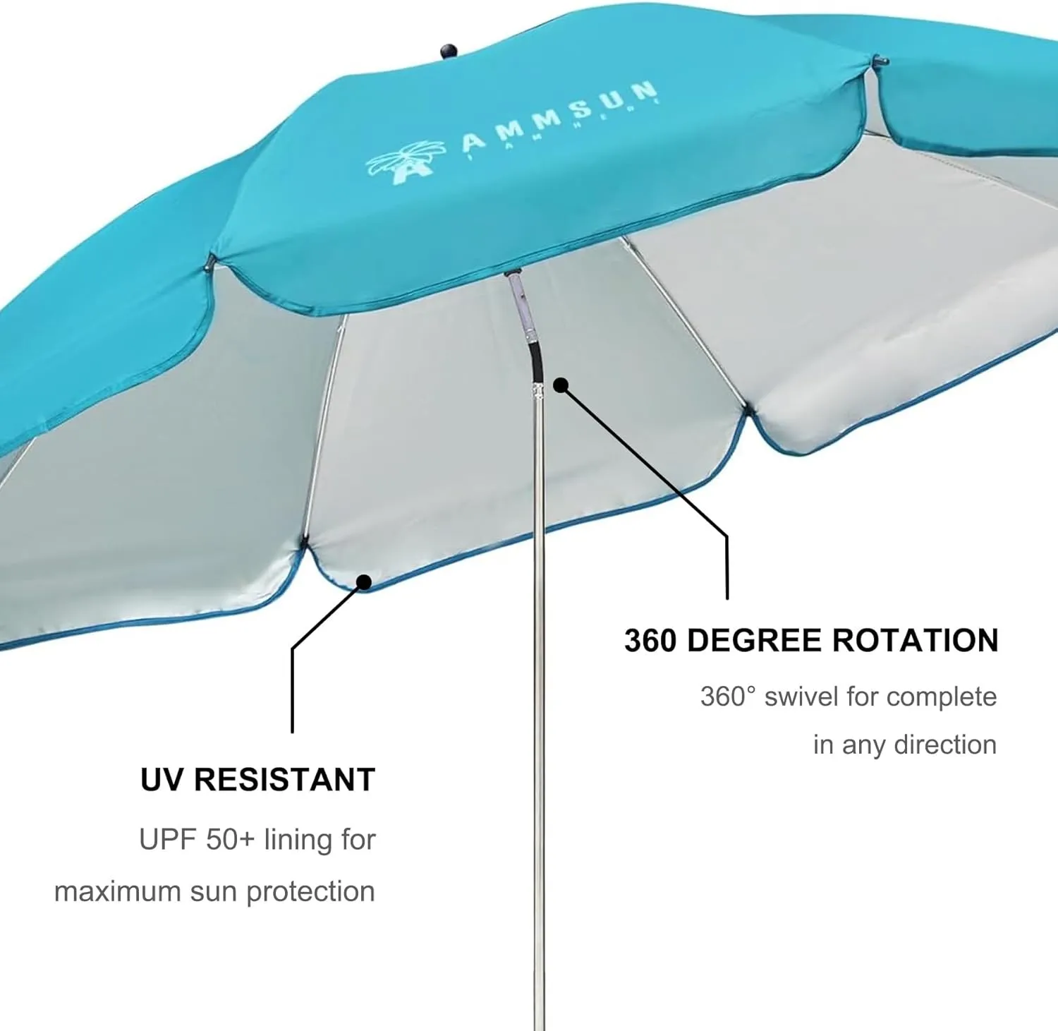 AMMSUN XL Chair Umbrella with Universal Clamp Adjustable 52 inches and 360-degree Swivel UPF 50 , Portable Clamp on Camping or Beach Chair, Stroller, Wheelchair, Golf cart, Bright Blue, Large-sized