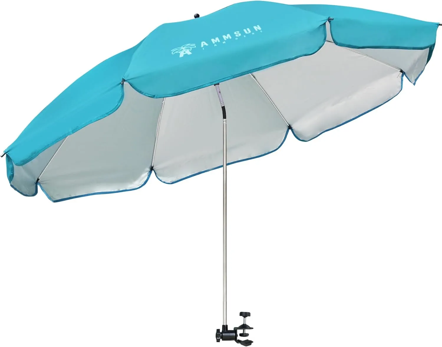 AMMSUN XL Chair Umbrella with Universal Clamp Adjustable 52 inches and 360-degree Swivel UPF 50 , Portable Clamp on Camping or Beach Chair, Stroller, Wheelchair, Golf cart, Bright Blue, Large-sized