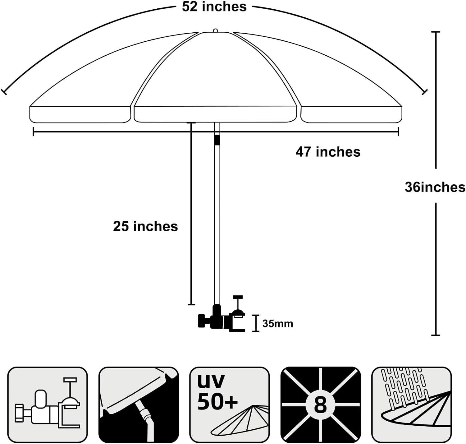 AMMSUN XL Chair Umbrella with Universal Clamp Adjustable 52 inches and 360-degree Swivel UPF 50 , Portable Clamp on Camping or Beach Chair, Stroller, Wheelchair, Golf cart, Bright Blue, Large-sized