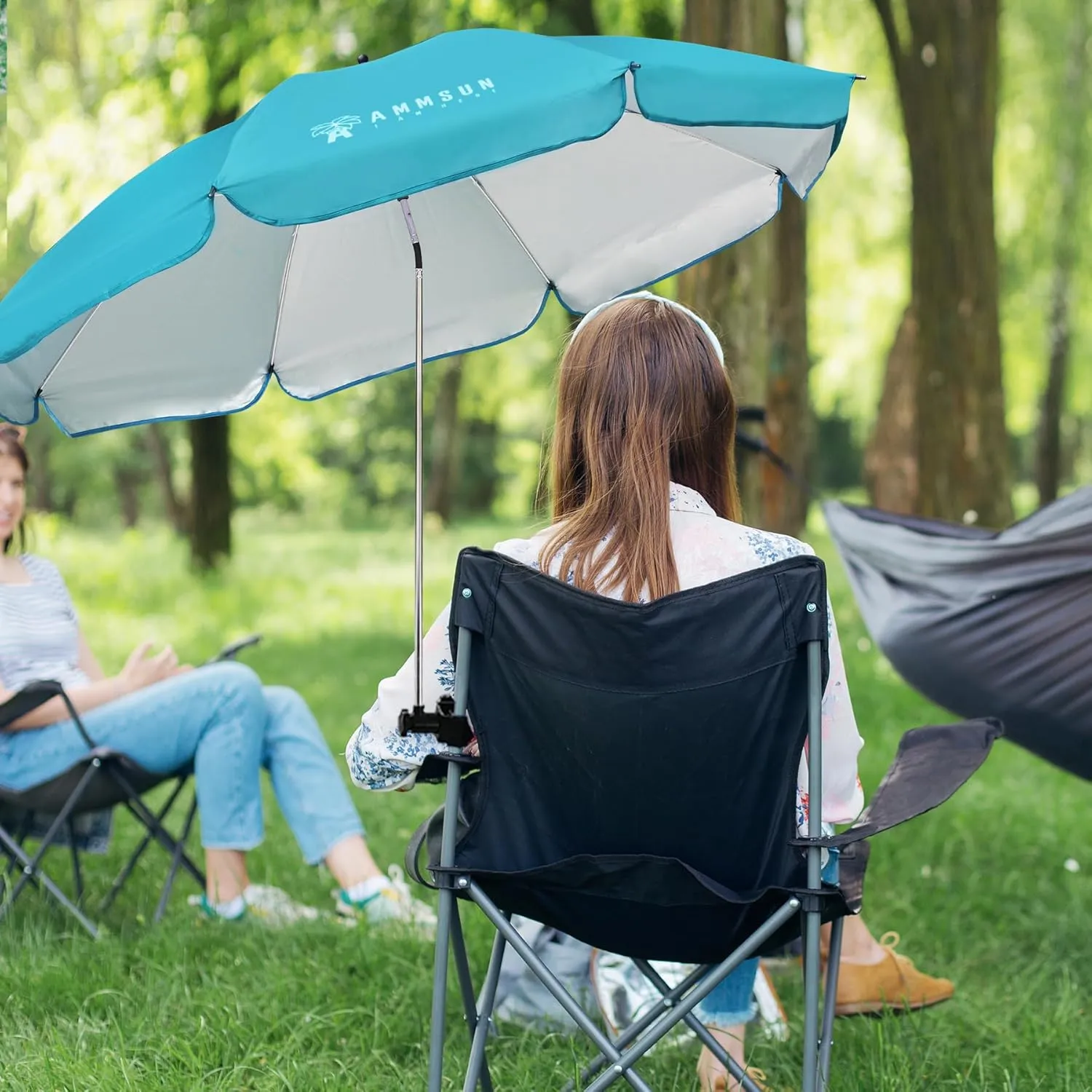 AMMSUN XL Chair Umbrella with Universal Clamp Adjustable 52 inches and 360-degree Swivel UPF 50 , Portable Clamp on Camping or Beach Chair, Stroller, Wheelchair, Golf cart, Bright Blue, Large-sized