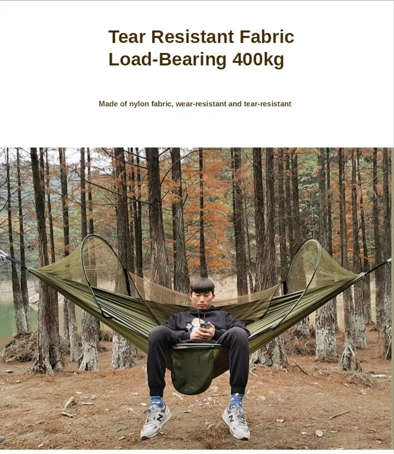 Anypack Camping Swing Chair Blue 260X140Cm Mosquito Net Hammock Automatic Quick-Opening Outdoor Camping Pole Hammock Swing Anti-Rollover