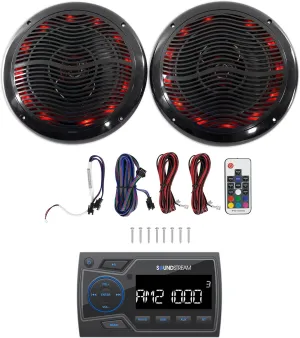 Audiosavings Bundle: Soundstream MHU-32 Marine ATV/UTV Digital Media Receiver Bluetooth/AUX Bundle with Rockville RMC65LB 6.5" 600w 2-Way Black Marine Speakers w/Multi Color LED Remote (2 Items)
