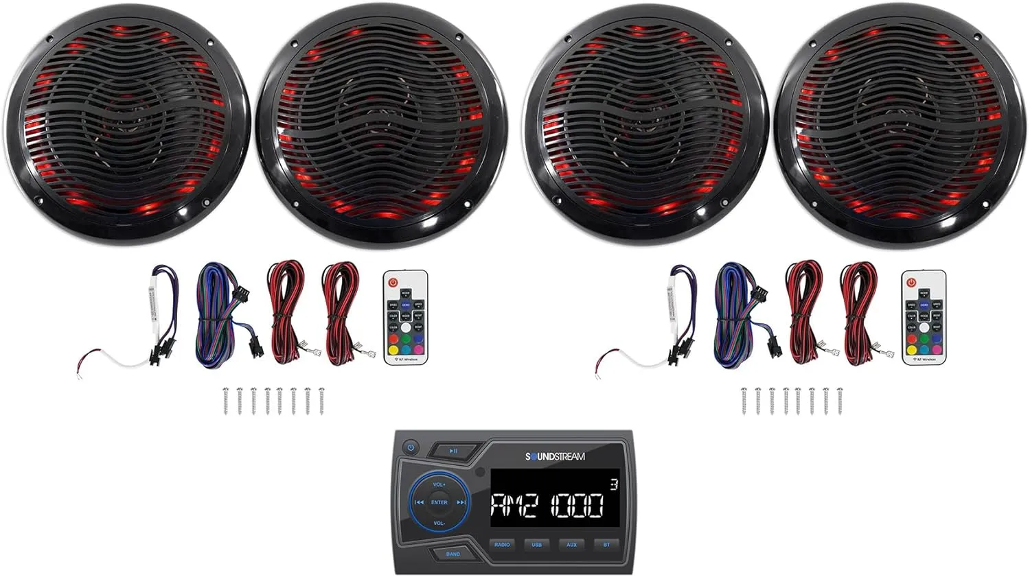 Audiosavings Bundle: Soundstream MHU-32 Marine ATV/UTV Digital Media Receiver Bluetooth/USB Bundle with (2) Rockville RMC65LB 6.5" 600w 2-Way Marine Speakers w/Multicolor LED Remote (3 Items)