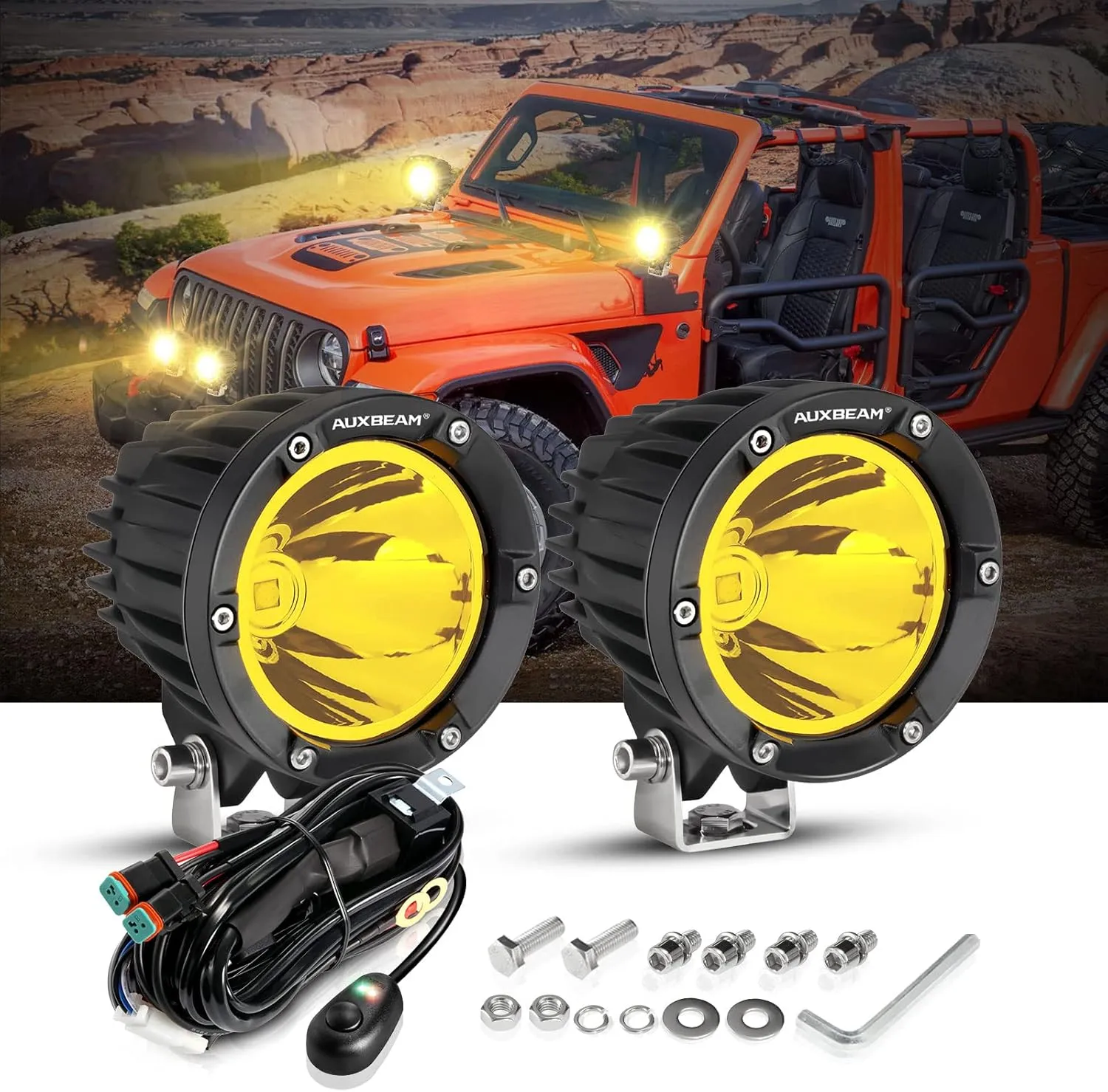 Auxbeam 4 Inch 72W Amber Fog Lights, 2PCS 7200LM LED Round Offroad Light Pods, Yellow Spot Beam Driving Off Road Work Light Bar with Wiring Harness Kit for Jeep Vehicle Pickup Trucks ATV UTV SUV