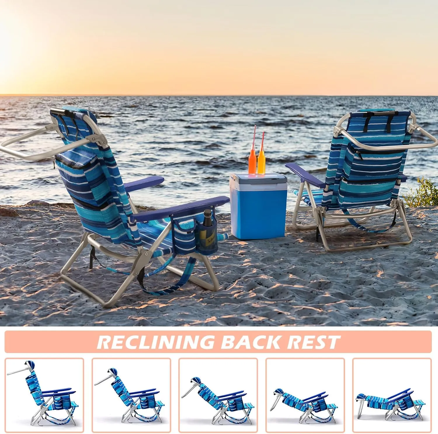 Backpack Beach Chairs for Adults - Folding Heavy Duty Camping Chair with Storage Pouch, Cup Holder & Towel Rack, Lightweight & Adjustable Lounge Chair for Outdoor,Travel (1pack / Blue Strap)