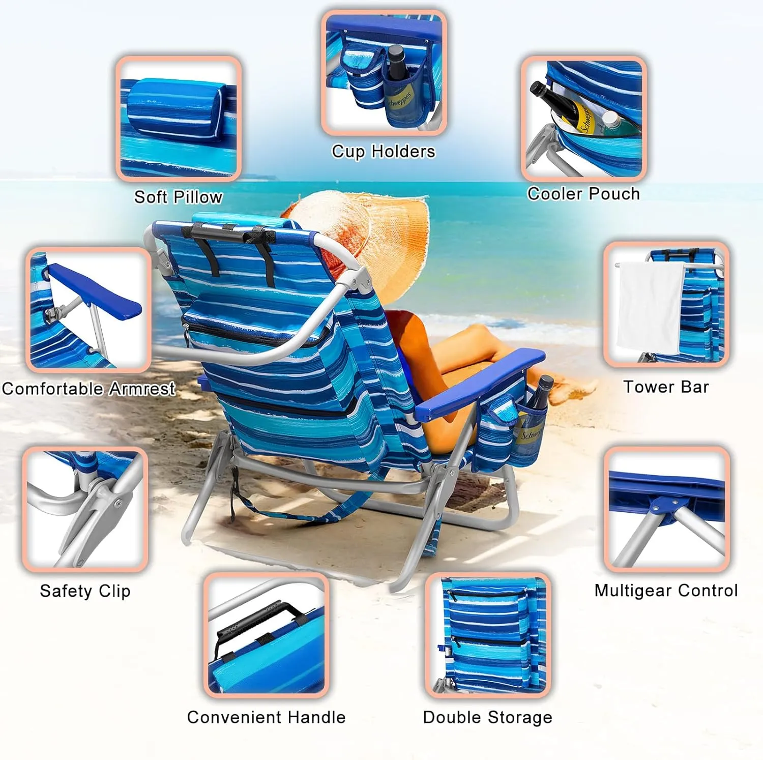 Backpack Beach Chairs for Adults - Folding Heavy Duty Camping Chair with Storage Pouch, Cup Holder & Towel Rack, Lightweight & Adjustable Lounge Chair for Outdoor,Travel (1pack / Blue Strap)