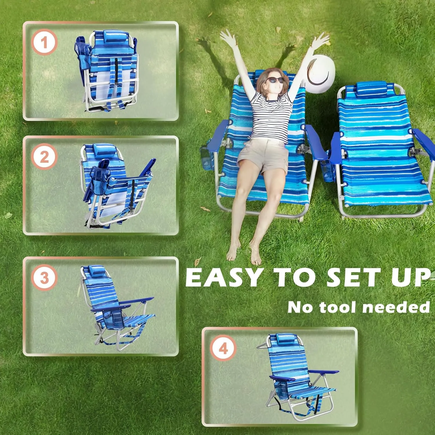 Backpack Beach Chairs for Adults - Folding Heavy Duty Camping Chair with Storage Pouch, Cup Holder & Towel Rack, Lightweight & Adjustable Lounge Chair for Outdoor,Travel (1pack / Blue Strap)