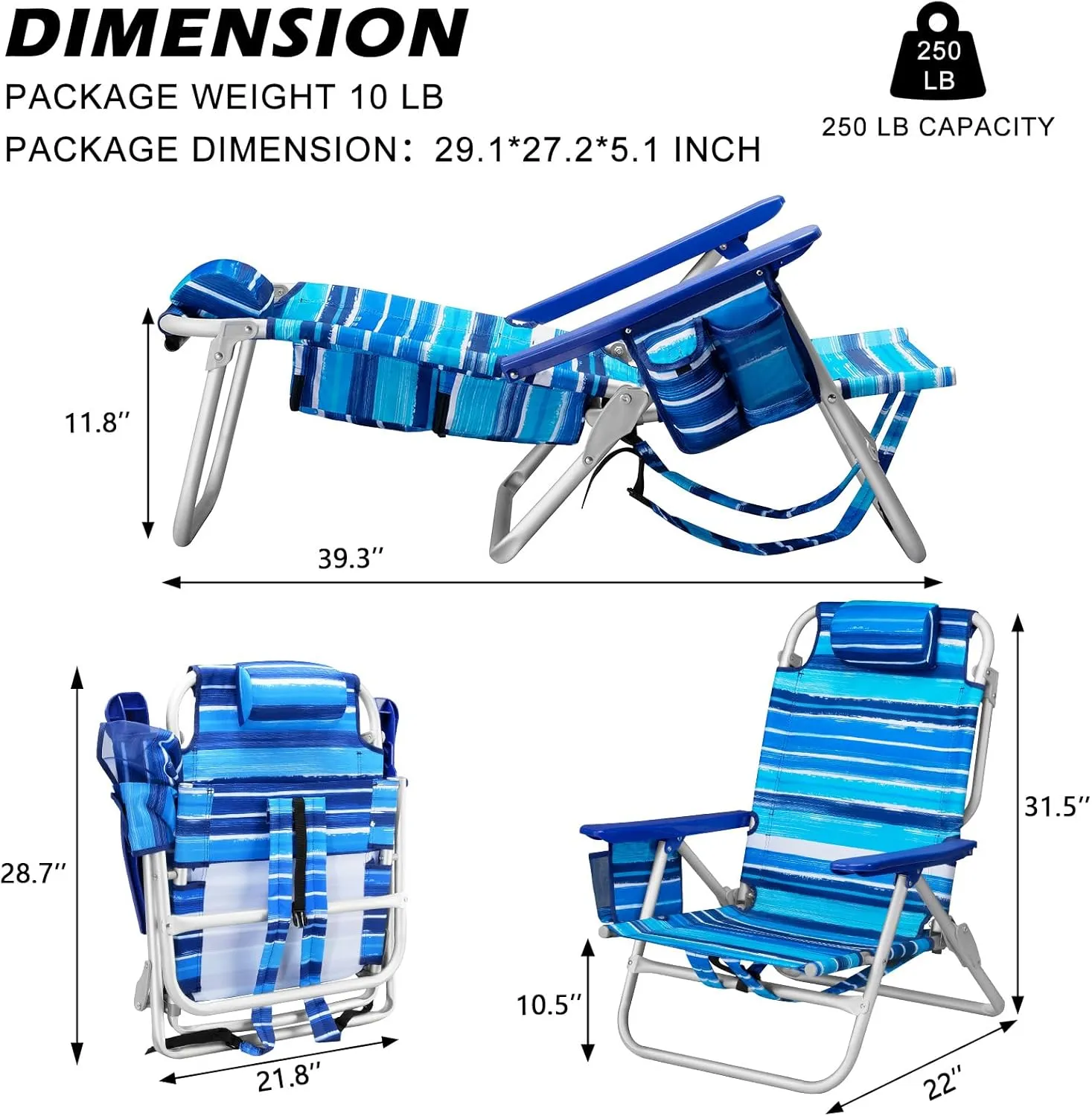 Backpack Beach Chairs for Adults - Folding Heavy Duty Camping Chair with Storage Pouch, Cup Holder & Towel Rack, Lightweight & Adjustable Lounge Chair for Outdoor,Travel (1pack / Blue Strap)