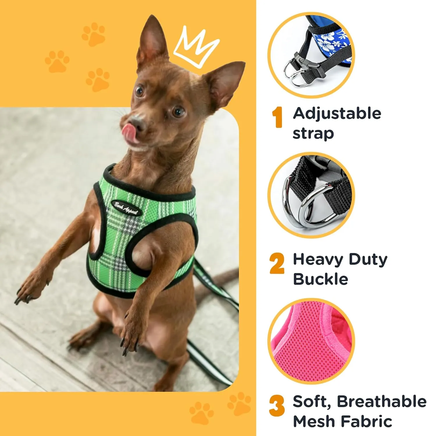 Bark Appeal Green Plaid Step-in Dog Harness for Small-Medium Pets – Updated Sizing, Re-Measuring is Essential – Soft Vest Harness – Anti-Choke with Adjustable Strap & Heavy Duty Clip – M