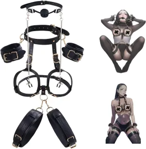 BDSM Kit Sex Breast Bondage Restraints, Upgrade 5 In 1 Detachable Wrist & Thigh Cuffs Neck to Thigh with Ball Gag Nipple Clamps, Adjustable Bed Restraints Sexy Harness,SM Game Sex toy for Women Couple