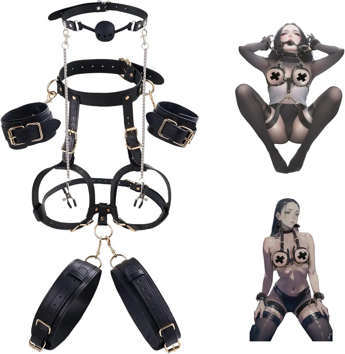 BDSM Kit Sex Breast Bondage Restraints, Upgrade 5 In 1 Detachable Wrist & Thigh Cuffs Neck to Thigh with Ball Gag Nipple Clamps, Adjustable Bed Restraints Sexy Harness,SM Game Sex toy for Women Couple