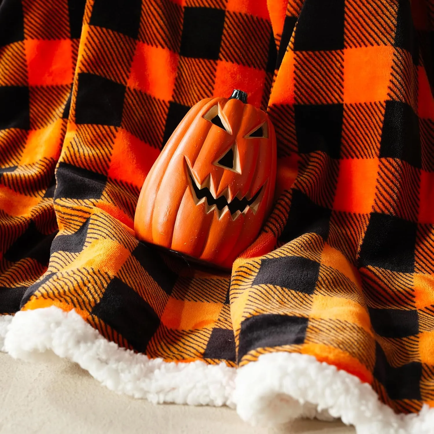 Beautex Halloween Sherpa Throw Blanket, Plaid Orange Fuzzy Fluffy Cozy Soft Checkered Blanket for Couch Bed Sofa (50" X 60")