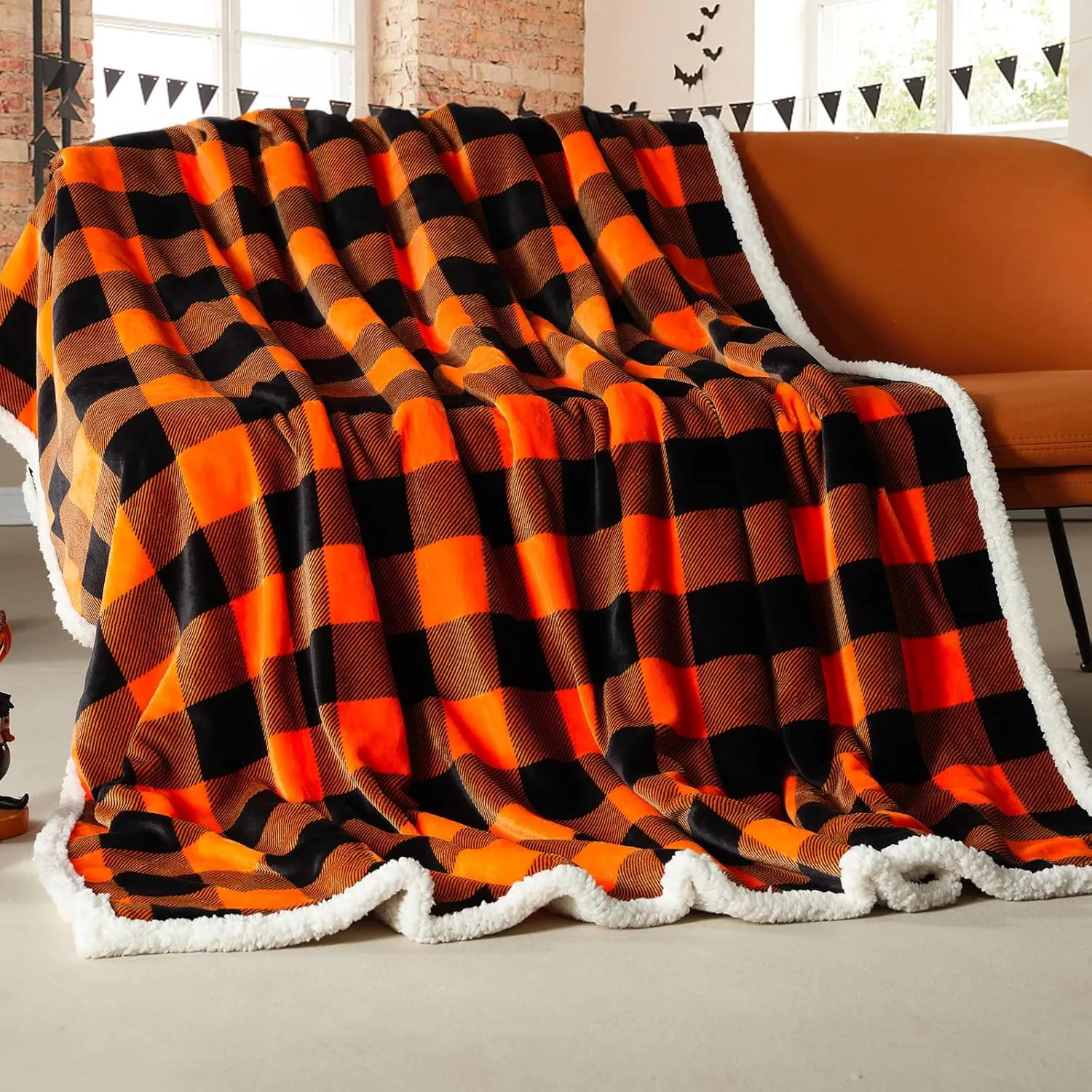 Beautex Halloween Sherpa Throw Blanket, Plaid Orange Fuzzy Fluffy Cozy Soft Checkered Blanket for Couch Bed Sofa (50" X 60")
