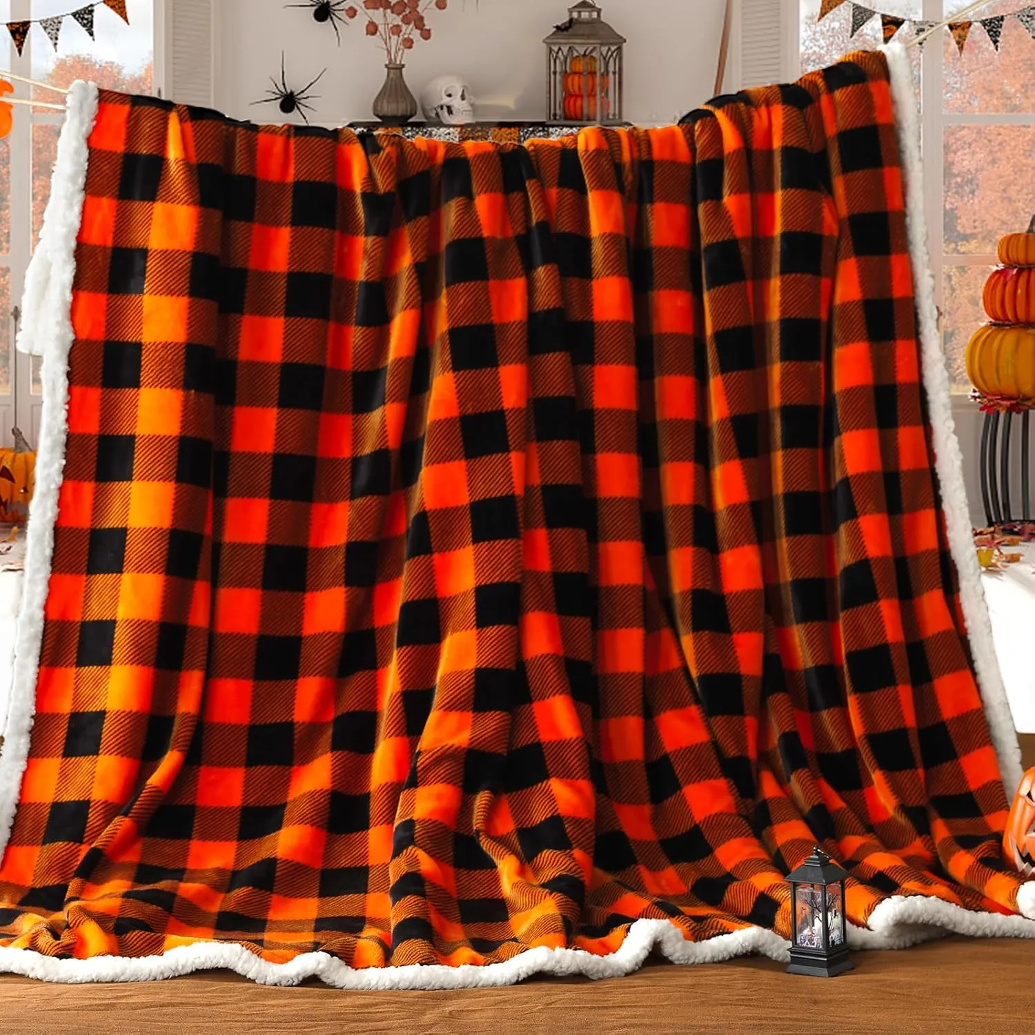 Beautex Halloween Sherpa Throw Blanket, Plaid Orange Fuzzy Fluffy Cozy Soft Checkered Blanket for Couch Bed Sofa (50" X 60")
